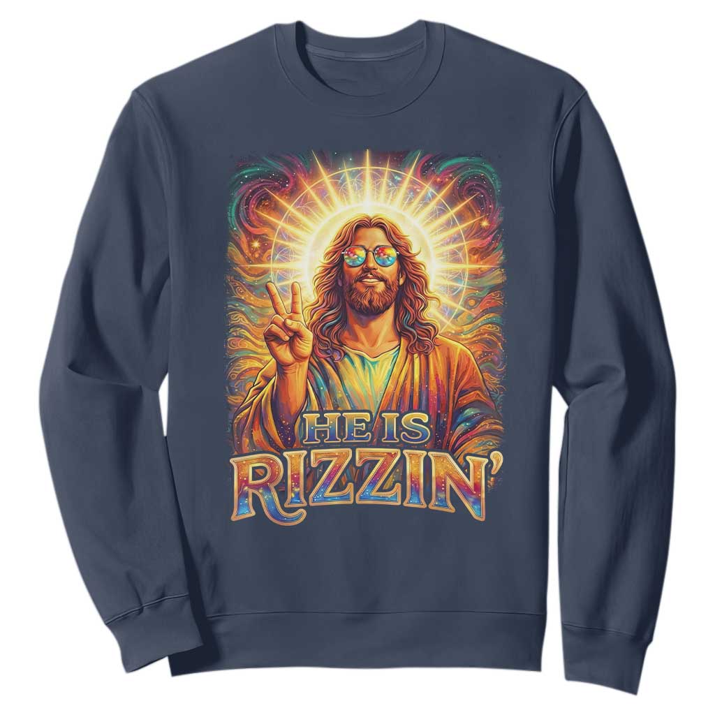 Funny Christian Easter He Is Rizzin Sweatshirt Trendy Jesus Humor with Sunglasses Faith Based Meme Gift TS02 Navy Print Your Wear