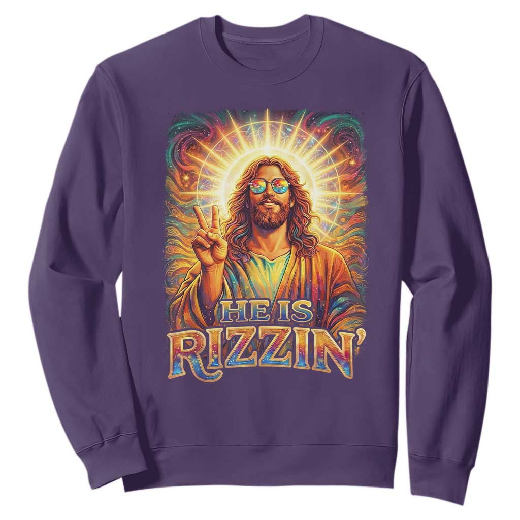 Funny Christian Easter He Is Rizzin Sweatshirt Trendy Jesus Humor with Sunglasses Faith Based Meme Gift TS02 Purple Print Your Wear