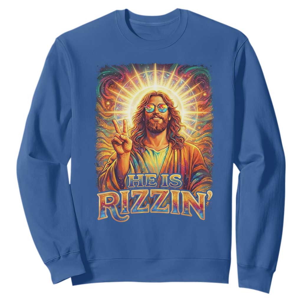 Funny Christian Easter He Is Rizzin Sweatshirt Trendy Jesus Humor with Sunglasses Faith Based Meme Gift TS02 Royal Blue Print Your Wear