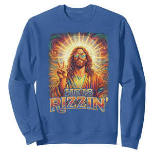Funny Christian Easter He Is Rizzin Sweatshirt Trendy Jesus Humor with Sunglasses Faith Based Meme Gift TS02 Royal Blue Print Your Wear