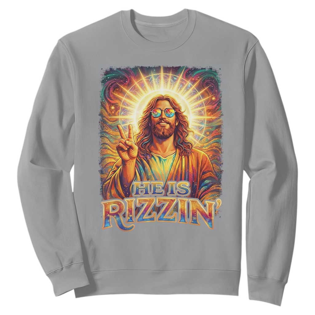 Funny Christian Easter He Is Rizzin Sweatshirt Trendy Jesus Humor with Sunglasses Faith Based Meme Gift TS02 Sport Gray Print Your Wear