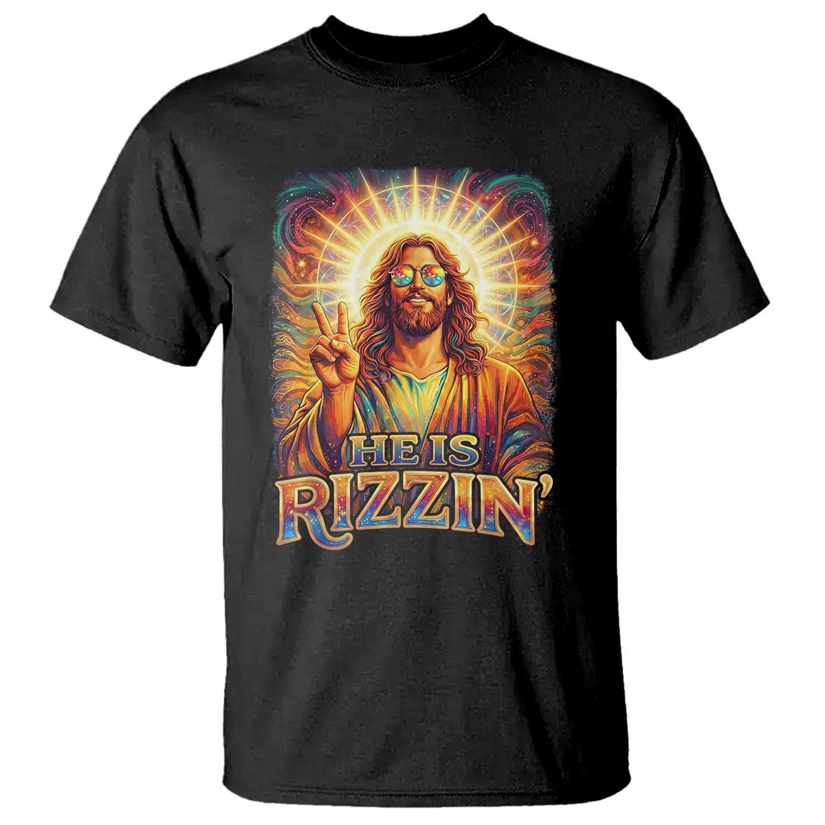 Funny Christian Easter He Is Rizzin T Shirt Trendy Jesus Humor with Sunglasses Faith Based Meme Gift TS02 Black Print Your Wear