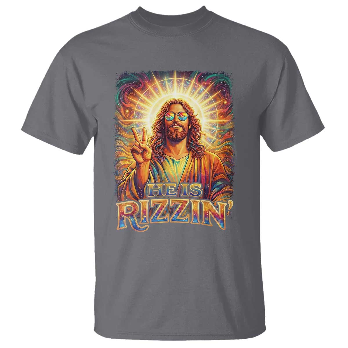 Funny Christian Easter He Is Rizzin T Shirt Trendy Jesus Humor with Sunglasses Faith Based Meme Gift TS02 Charcoal Print Your Wear