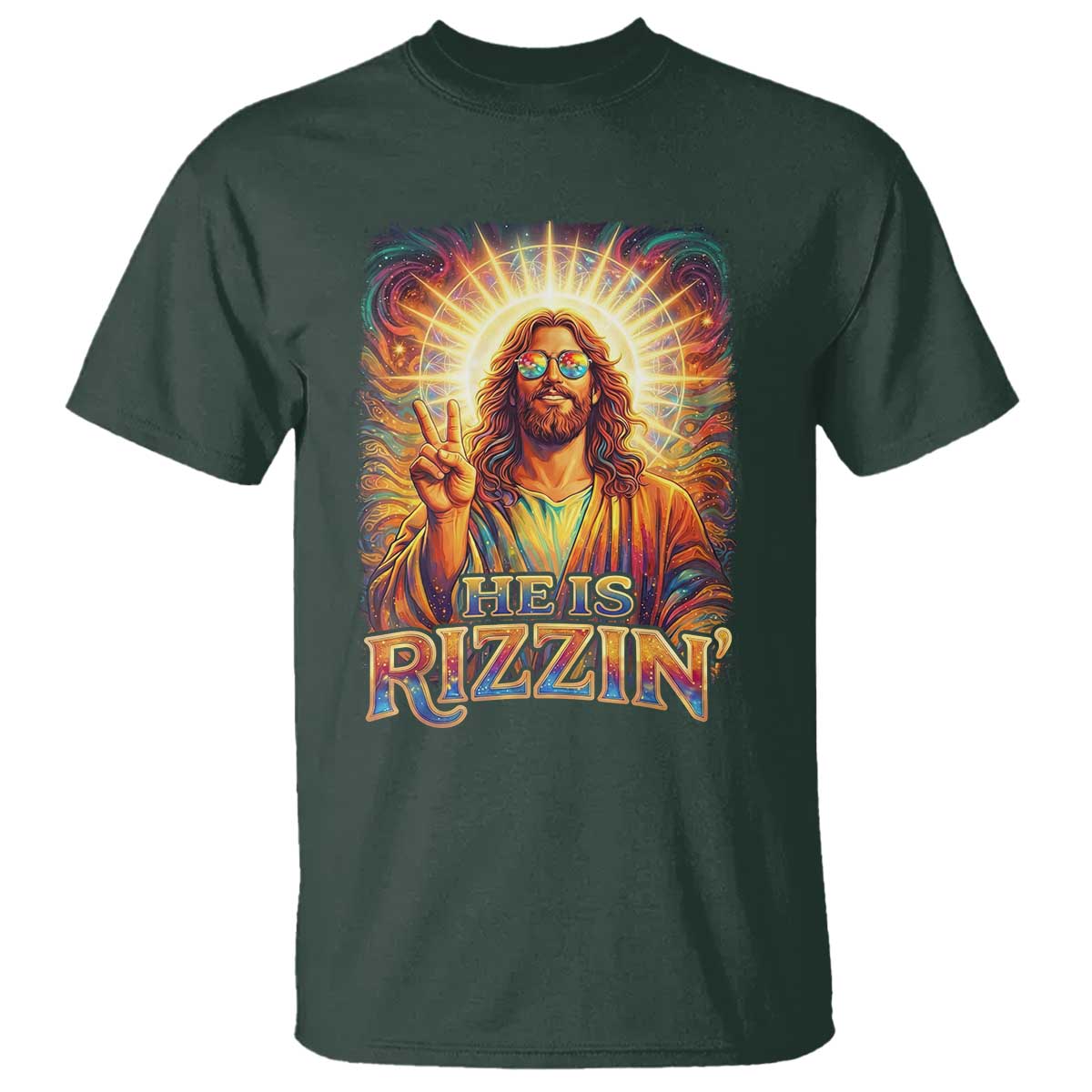Funny Christian Easter He Is Rizzin T Shirt Trendy Jesus Humor with Sunglasses Faith Based Meme Gift TS02 Dark Forest Green Print Your Wear