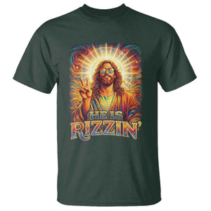 Funny Christian Easter He Is Rizzin T Shirt Trendy Jesus Humor with Sunglasses Faith Based Meme Gift TS02 Dark Forest Green Print Your Wear
