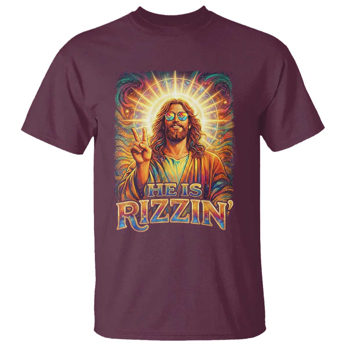 Funny Christian Easter He Is Rizzin T Shirt Trendy Jesus Humor with Sunglasses Faith Based Meme Gift TS02 Maroon Print Your Wear