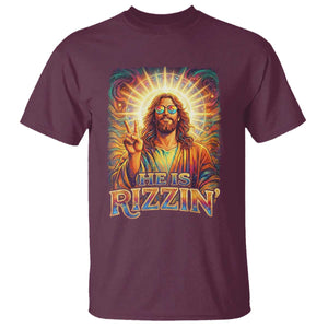 Funny Christian Easter He Is Rizzin T Shirt Trendy Jesus Humor with Sunglasses Faith Based Meme Gift TS02 Maroon Print Your Wear