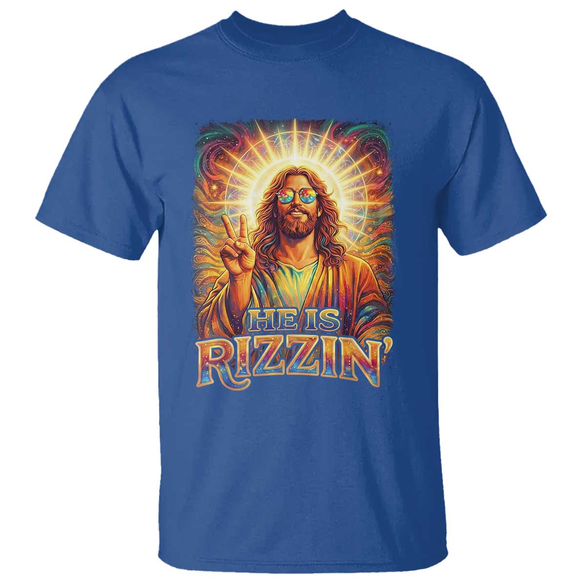 Funny Christian Easter He Is Rizzin T Shirt Trendy Jesus Humor with Sunglasses Faith Based Meme Gift TS02 Royal Blue Print Your Wear
