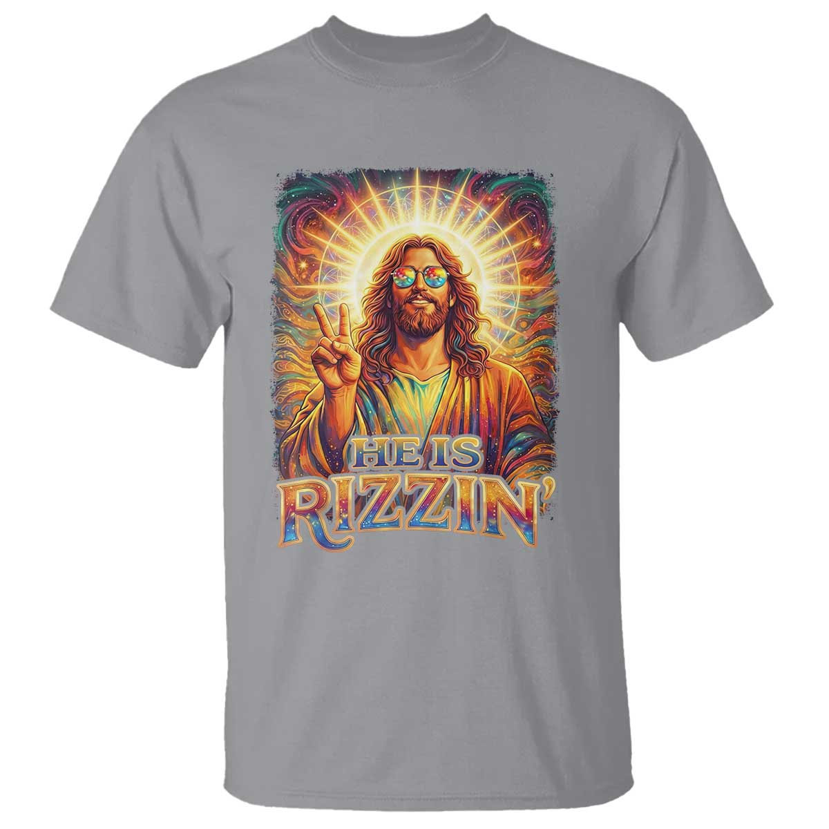Funny Christian Easter He Is Rizzin T Shirt Trendy Jesus Humor with Sunglasses Faith Based Meme Gift TS02 Sport Gray Print Your Wear