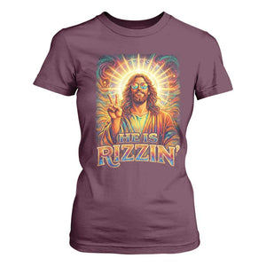 Funny Christian Easter He Is Rizzin T Shirt For Women Trendy Jesus Humor with Sunglasses Faith Based Meme Gift TS02 Maroon Print Your Wear