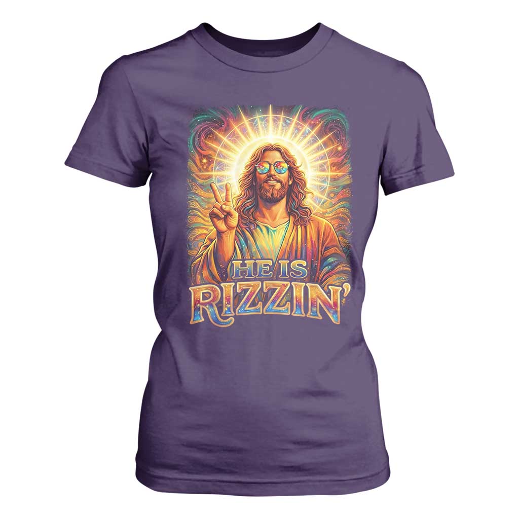 Funny Christian Easter He Is Rizzin T Shirt For Women Trendy Jesus Humor with Sunglasses Faith Based Meme Gift TS02 Purple Print Your Wear