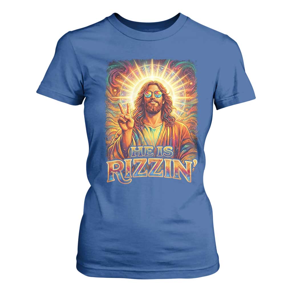 Funny Christian Easter He Is Rizzin T Shirt For Women Trendy Jesus Humor with Sunglasses Faith Based Meme Gift TS02 Royal Blue Print Your Wear