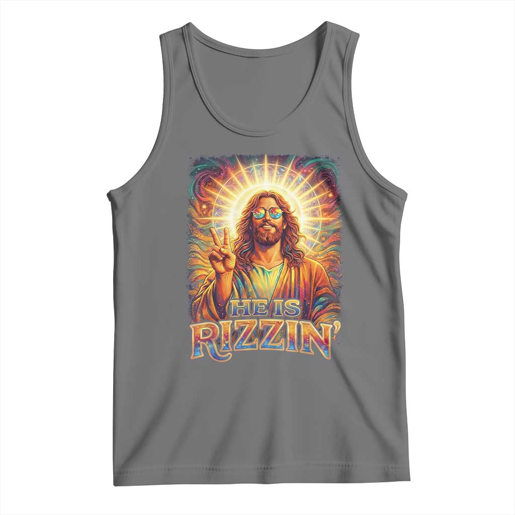 Funny Christian Easter He Is Rizzin Tank Top Trendy Jesus Humor with Sunglasses Faith Based Meme Gift TS02 Black Heather Print Your Wear