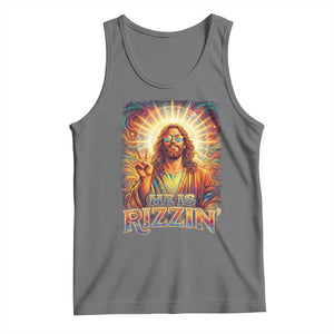 Funny Christian Easter He Is Rizzin Tank Top Trendy Jesus Humor with Sunglasses Faith Based Meme Gift TS02 Black Heather Print Your Wear