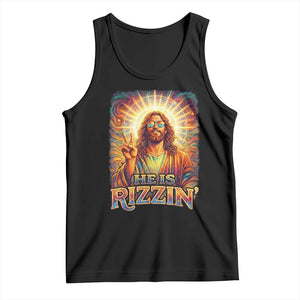 Funny Christian Easter He Is Rizzin Tank Top Trendy Jesus Humor with Sunglasses Faith Based Meme Gift TS02 Black Print Your Wear