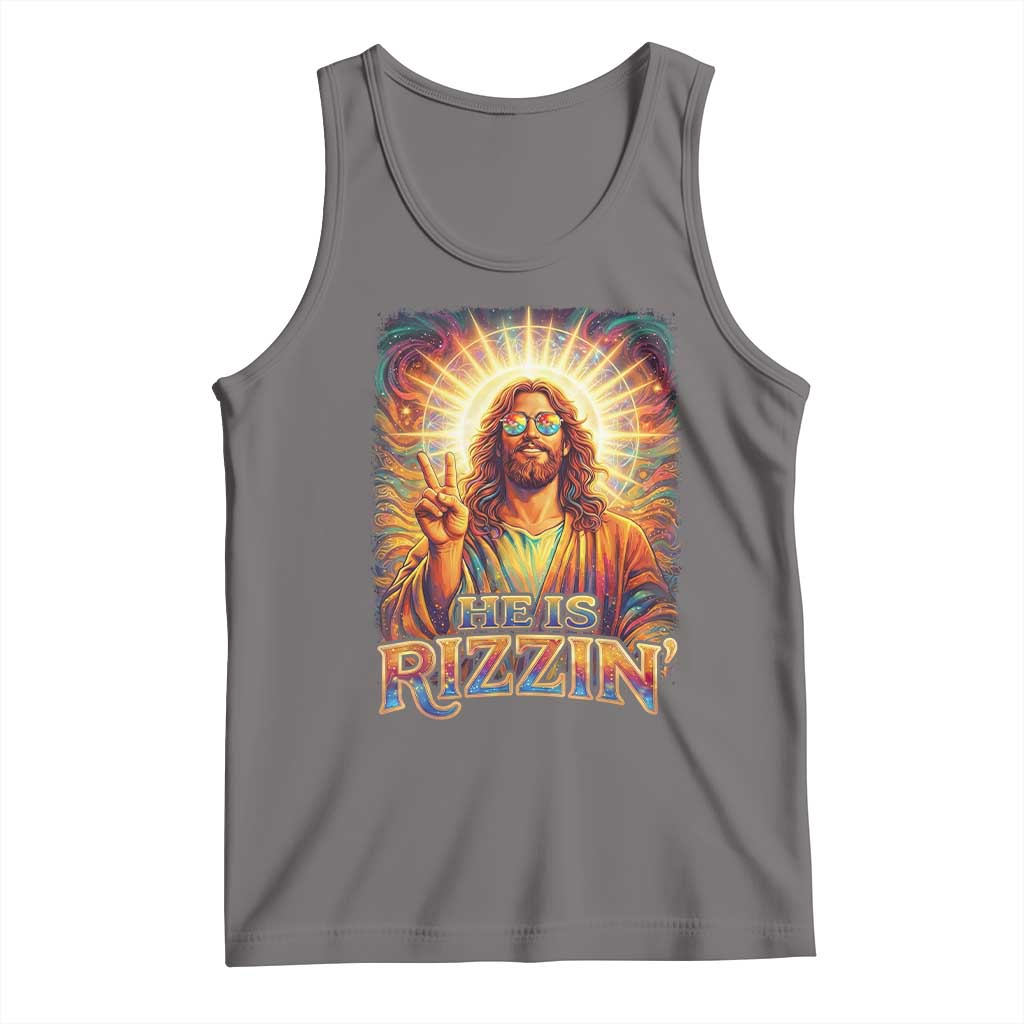 Funny Christian Easter He Is Rizzin Tank Top Trendy Jesus Humor with Sunglasses Faith Based Meme Gift TS02 Deep Heather Print Your Wear