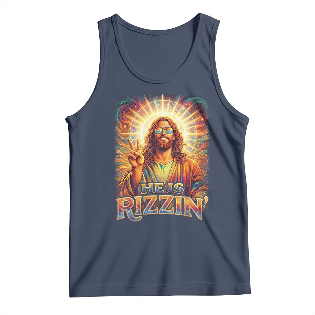 Funny Christian Easter He Is Rizzin Tank Top Trendy Jesus Humor with Sunglasses Faith Based Meme Gift TS02 Navy Print Your Wear