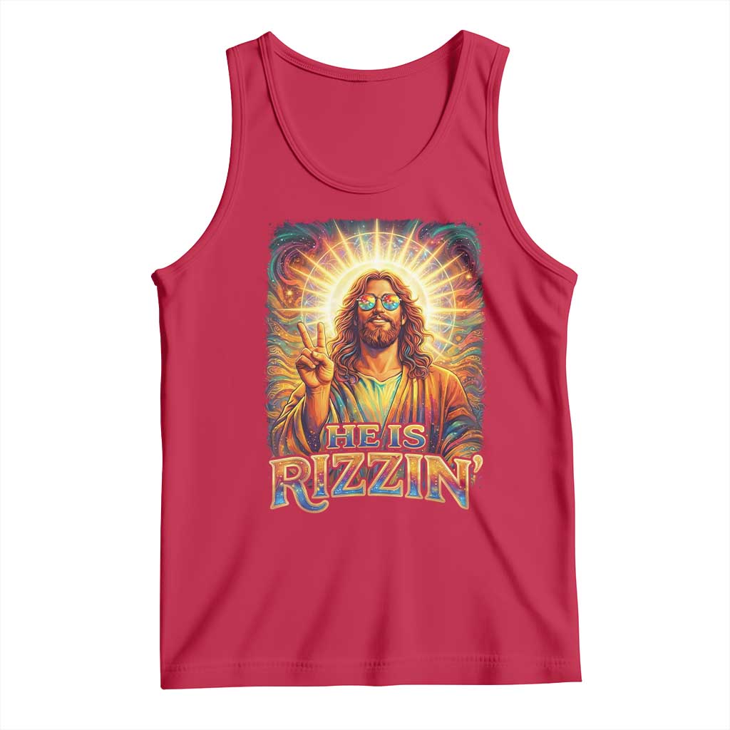 Funny Christian Easter He Is Rizzin Tank Top Trendy Jesus Humor with Sunglasses Faith Based Meme Gift TS02 Red Print Your Wear