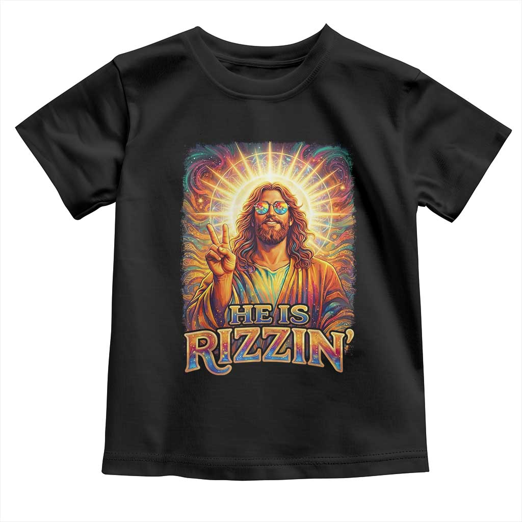 Funny Christian Easter He Is Rizzin Toddler T Shirt Trendy Jesus Humor with Sunglasses Faith Based Meme Gift TS02 Black Print Your Wear