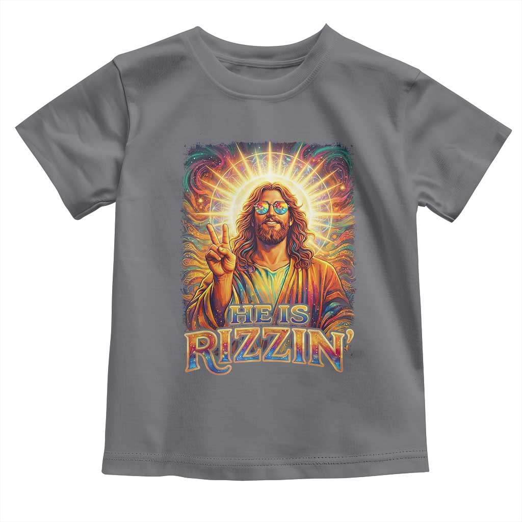 Funny Christian Easter He Is Rizzin Toddler T Shirt Trendy Jesus Humor with Sunglasses Faith Based Meme Gift TS02 Charcoal Print Your Wear