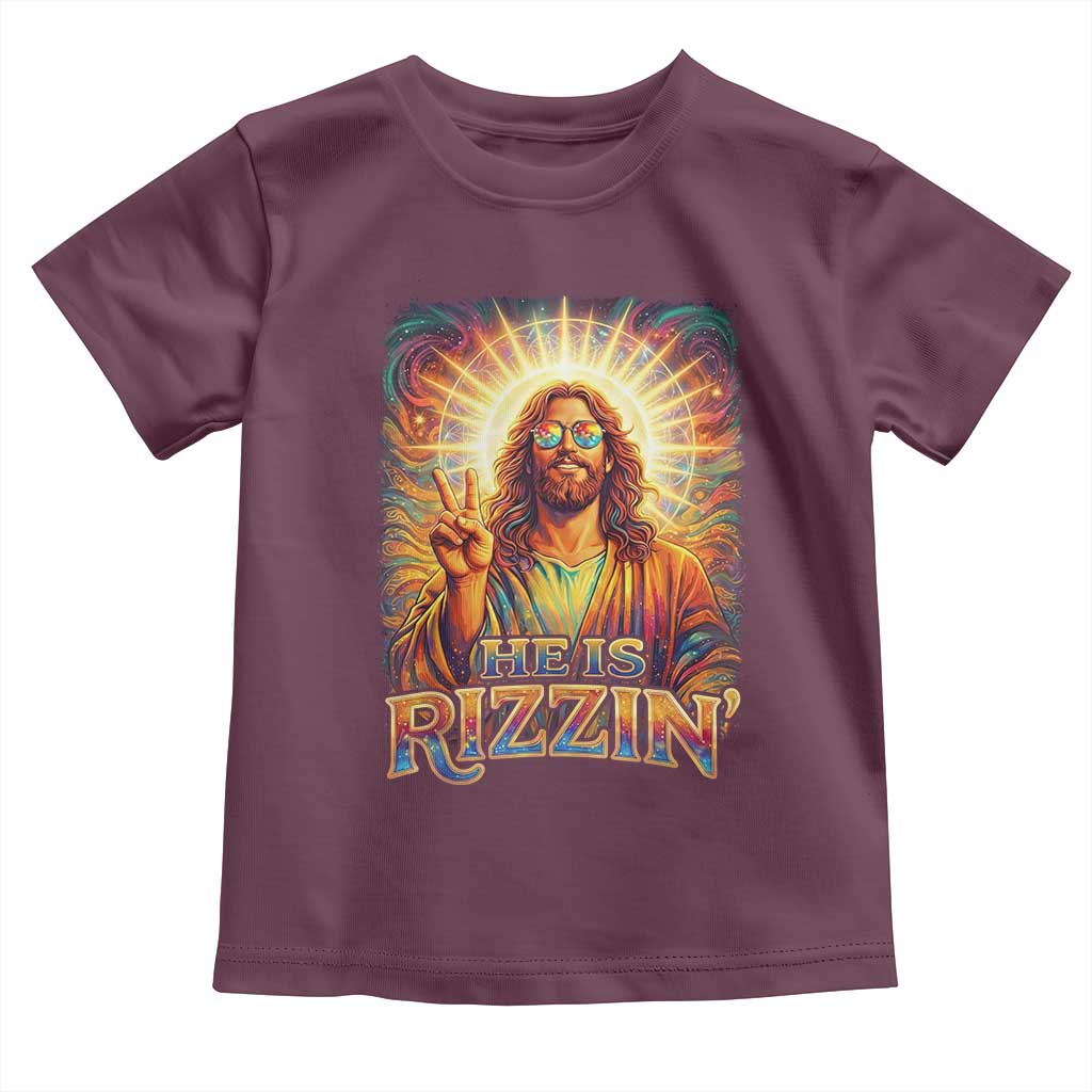 Funny Christian Easter He Is Rizzin Toddler T Shirt Trendy Jesus Humor with Sunglasses Faith Based Meme Gift TS02 Maroon Print Your Wear