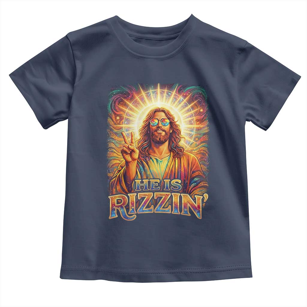 Funny Christian Easter He Is Rizzin Toddler T Shirt Trendy Jesus Humor with Sunglasses Faith Based Meme Gift TS02 Navy Print Your Wear