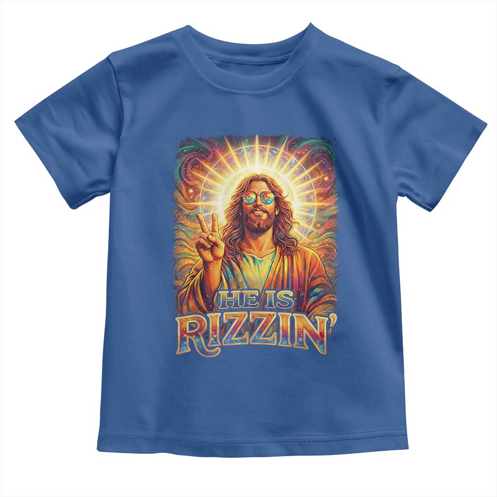 Funny Christian Easter He Is Rizzin Toddler T Shirt Trendy Jesus Humor with Sunglasses Faith Based Meme Gift TS02 Royal Blue Print Your Wear