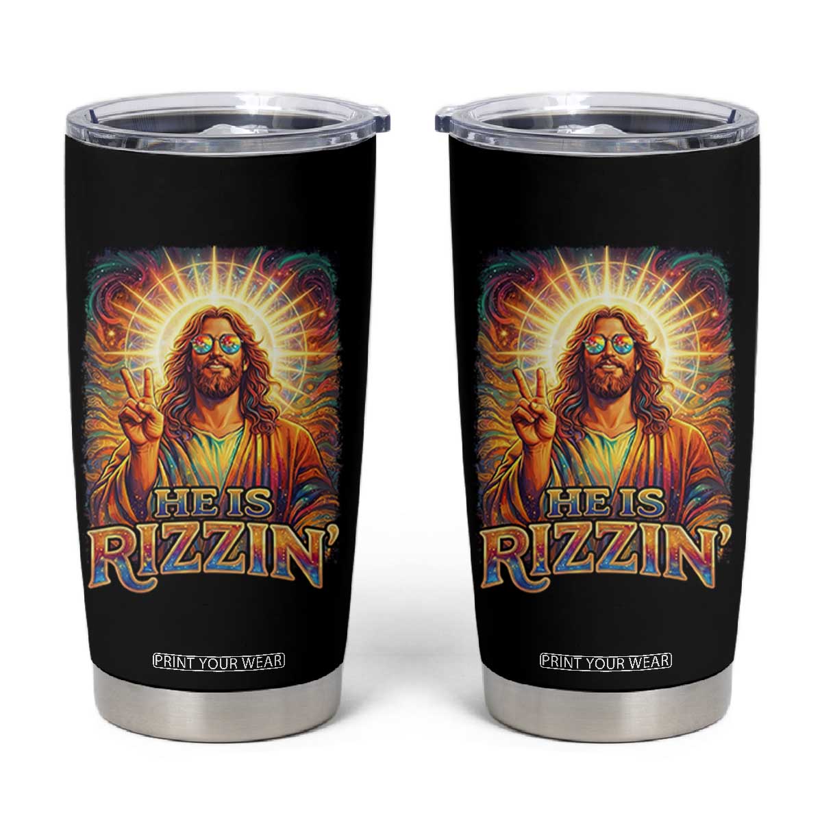 Funny Christian Easter He Is Rizzin Tumbler Cup Trendy Jesus Humor with Sunglasses Faith Based Meme Gift TS02 Black Print Your Wear