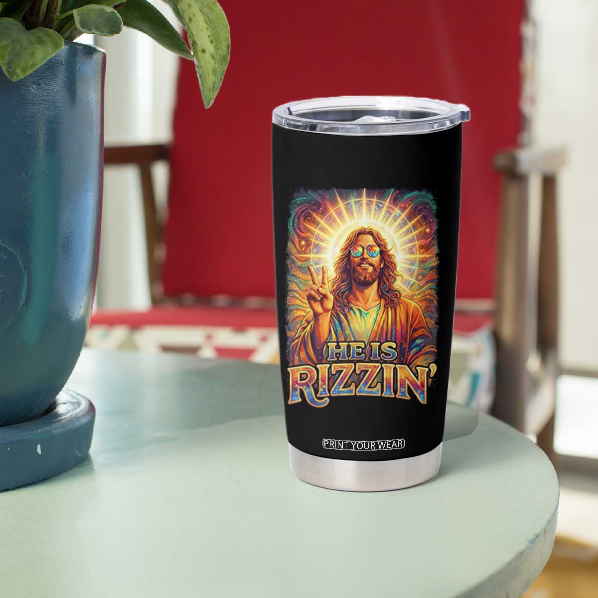 Funny Christian Easter He Is Rizzin Tumbler Cup Trendy Jesus Humor with Sunglasses Faith Based Meme Gift TS02 Print Your Wear