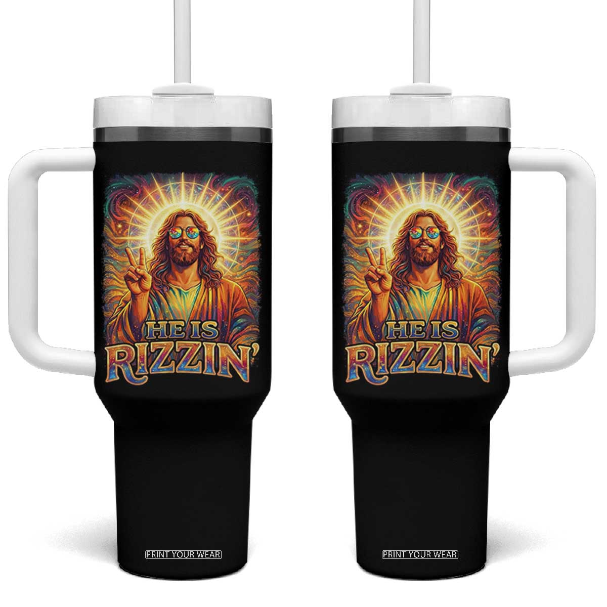 Funny Christian Easter He Is Rizzin Tumbler With Handle Trendy Jesus Humor with Sunglasses Faith Based Meme Gift TS02 One Size: 40 oz Black Print Your Wear