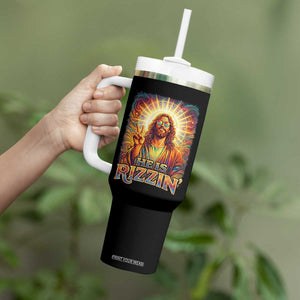 Funny Christian Easter He Is Rizzin Tumbler With Handle Trendy Jesus Humor with Sunglasses Faith Based Meme Gift TS02 Print Your Wear