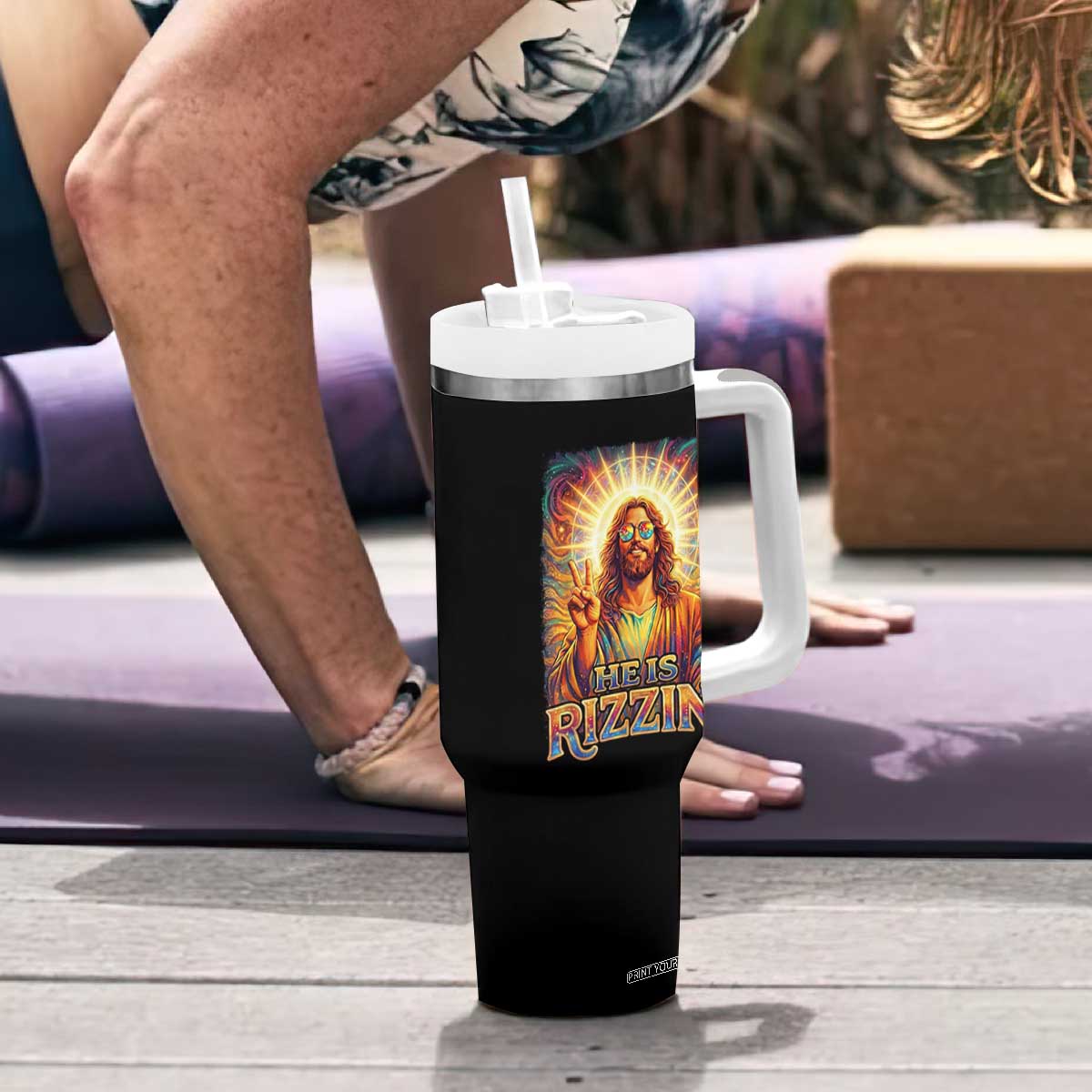 Funny Christian Easter He Is Rizzin Tumbler With Handle Trendy Jesus Humor with Sunglasses Faith Based Meme Gift TS02 Print Your Wear