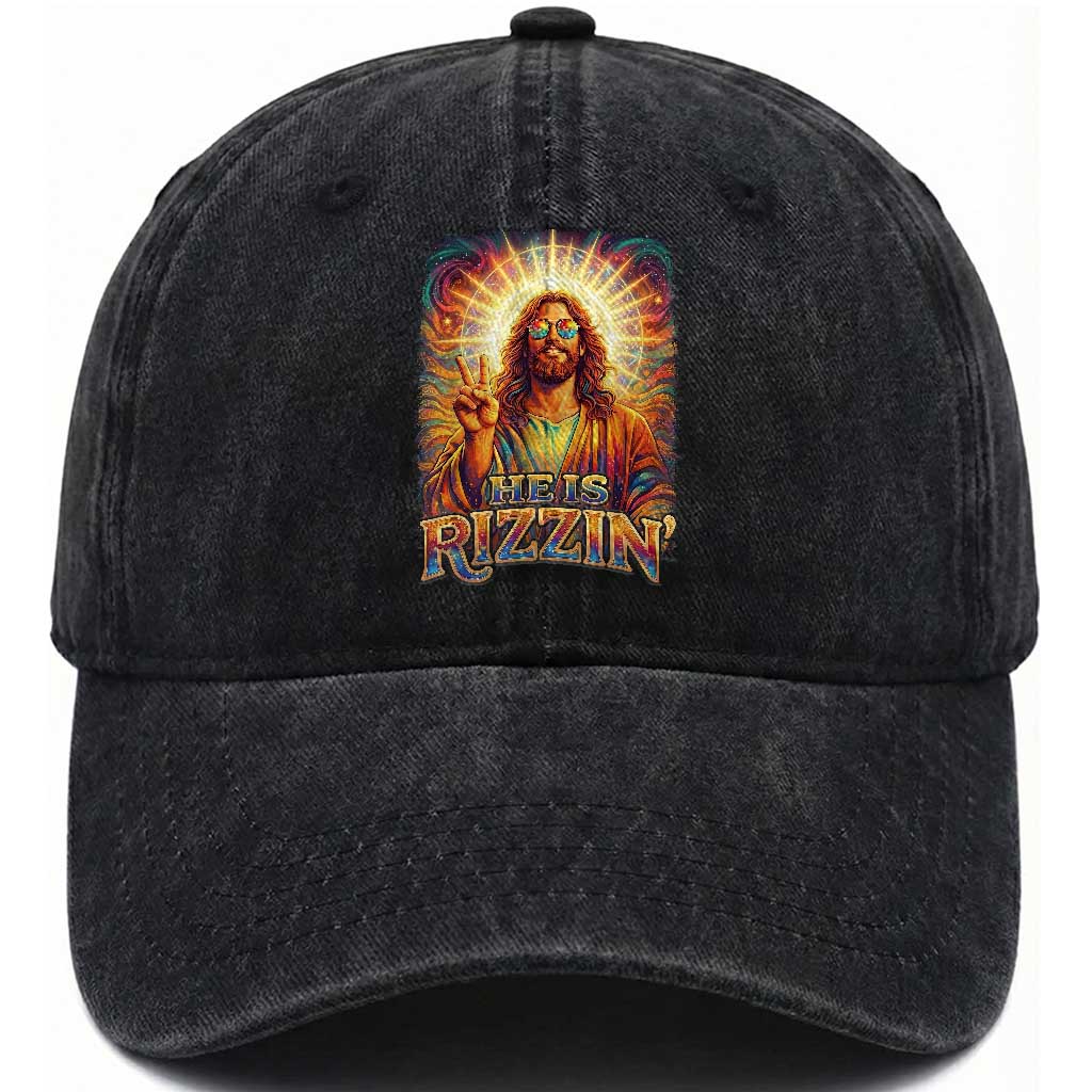 Funny Christian Easter He Is Rizzin Washed Cotton Baseball Cap Trendy Jesus Humor with Sunglasses Faith Based Meme Gift