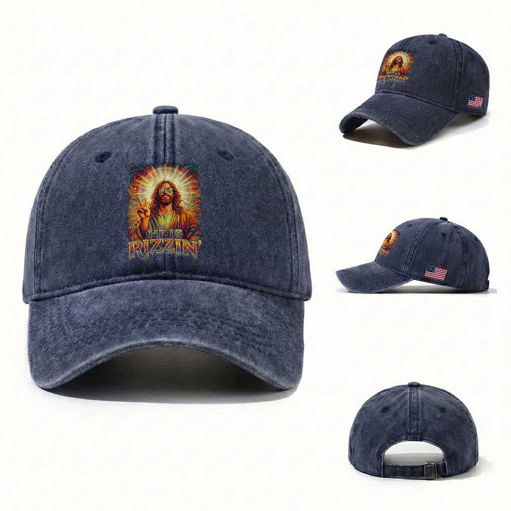 Funny Christian Easter He Is Rizzin Washed Cotton Baseball Cap Trendy Jesus Humor with Sunglasses Faith Based Meme Gift