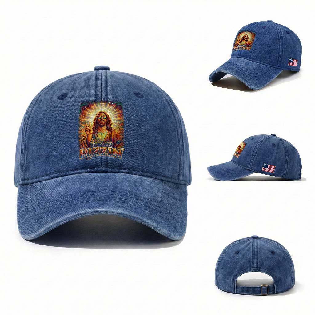 Funny Christian Easter He Is Rizzin Washed Cotton Baseball Cap Trendy Jesus Humor with Sunglasses Faith Based Meme Gift