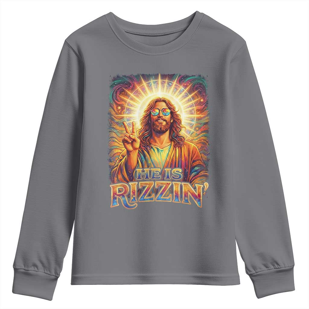 Funny Christian Easter He Is Rizzin Youth Sweatshirt Trendy Jesus Humor with Sunglasses Faith Based Meme Gift TS02 Charcoal Print Your Wear