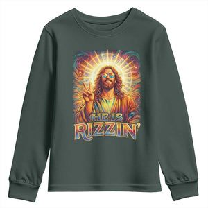 Funny Christian Easter He Is Rizzin Youth Sweatshirt Trendy Jesus Humor with Sunglasses Faith Based Meme Gift TS02 Dark Forest Green Print Your Wear