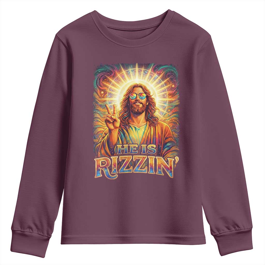 Funny Christian Easter He Is Rizzin Youth Sweatshirt Trendy Jesus Humor with Sunglasses Faith Based Meme Gift TS02 Maroon Print Your Wear