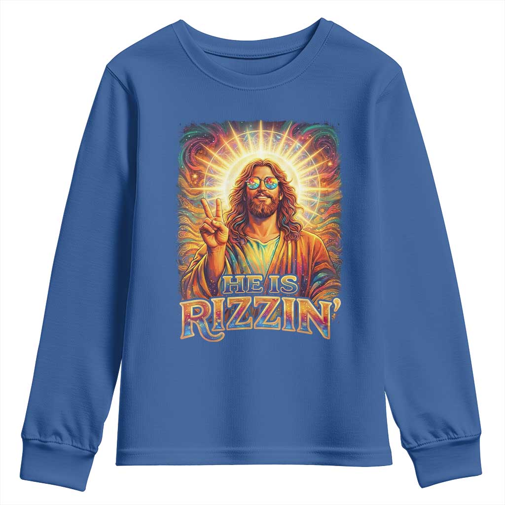 Funny Christian Easter He Is Rizzin Youth Sweatshirt Trendy Jesus Humor with Sunglasses Faith Based Meme Gift TS02 Royal Blue Print Your Wear
