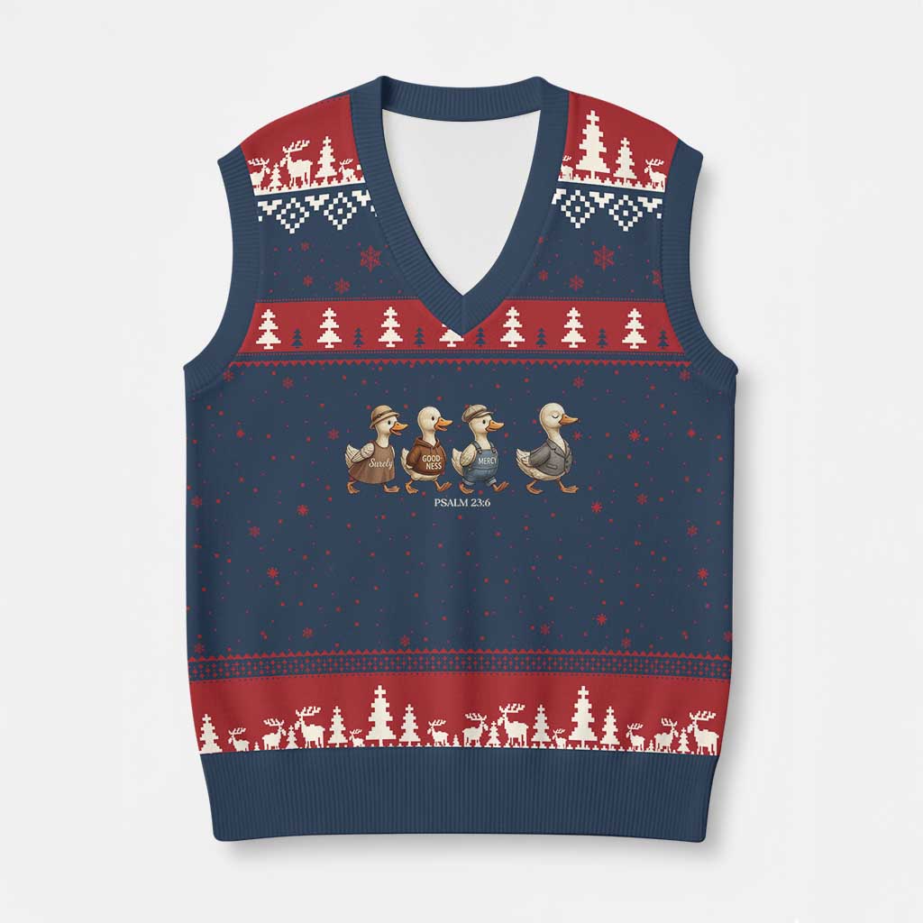 Funny Christian Psalm 23:6 Duck Pun V-Neck Knit Sweater Vest Surely Goodness and Mercy Cute Bible Humor Gift TS02 Navy Red Print Your Wear