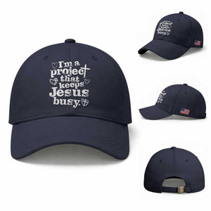 I am a Project That Keeps Jesus Busy Funny Christian Typography Baseball Cap Faith Humor Inspirational Gift