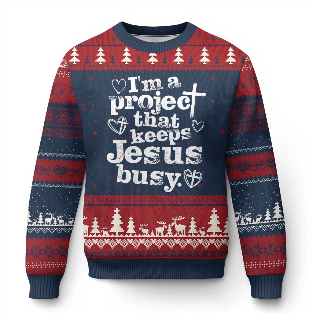 I am a Project That Keeps Jesus Busy Funny Christian Typography Ugly Christmas Sweater Faith Humor Inspirational Gift TS02 Navy Red Print Your Wear