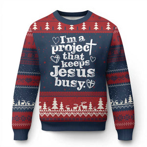 I am a Project That Keeps Jesus Busy Funny Christian Typography Ugly Christmas Sweater Faith Humor Inspirational Gift TS02 Navy Red Print Your Wear