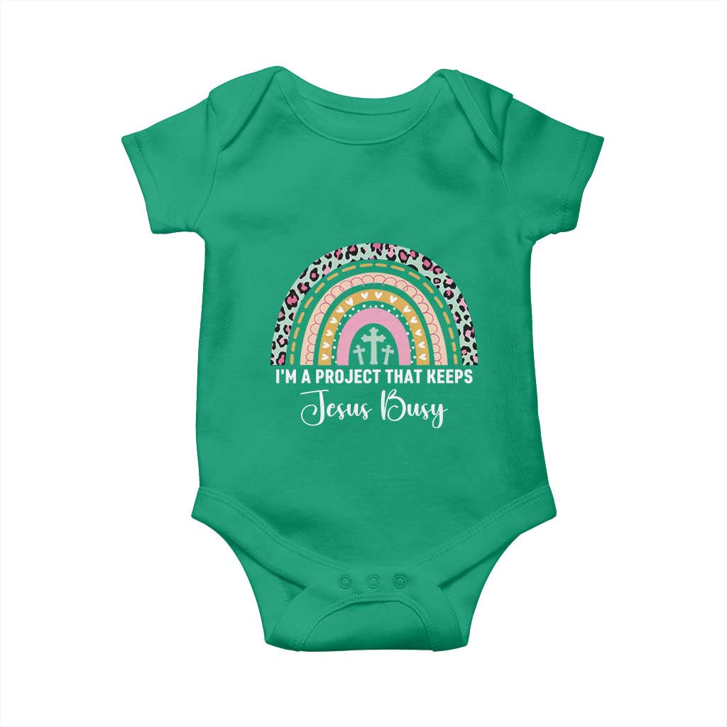 I am a Project That Keeps Jesus Busy Rainbow Cross Baby Onesie Cute Christian Faith Humor TS02 Irish Green Print Your Wear