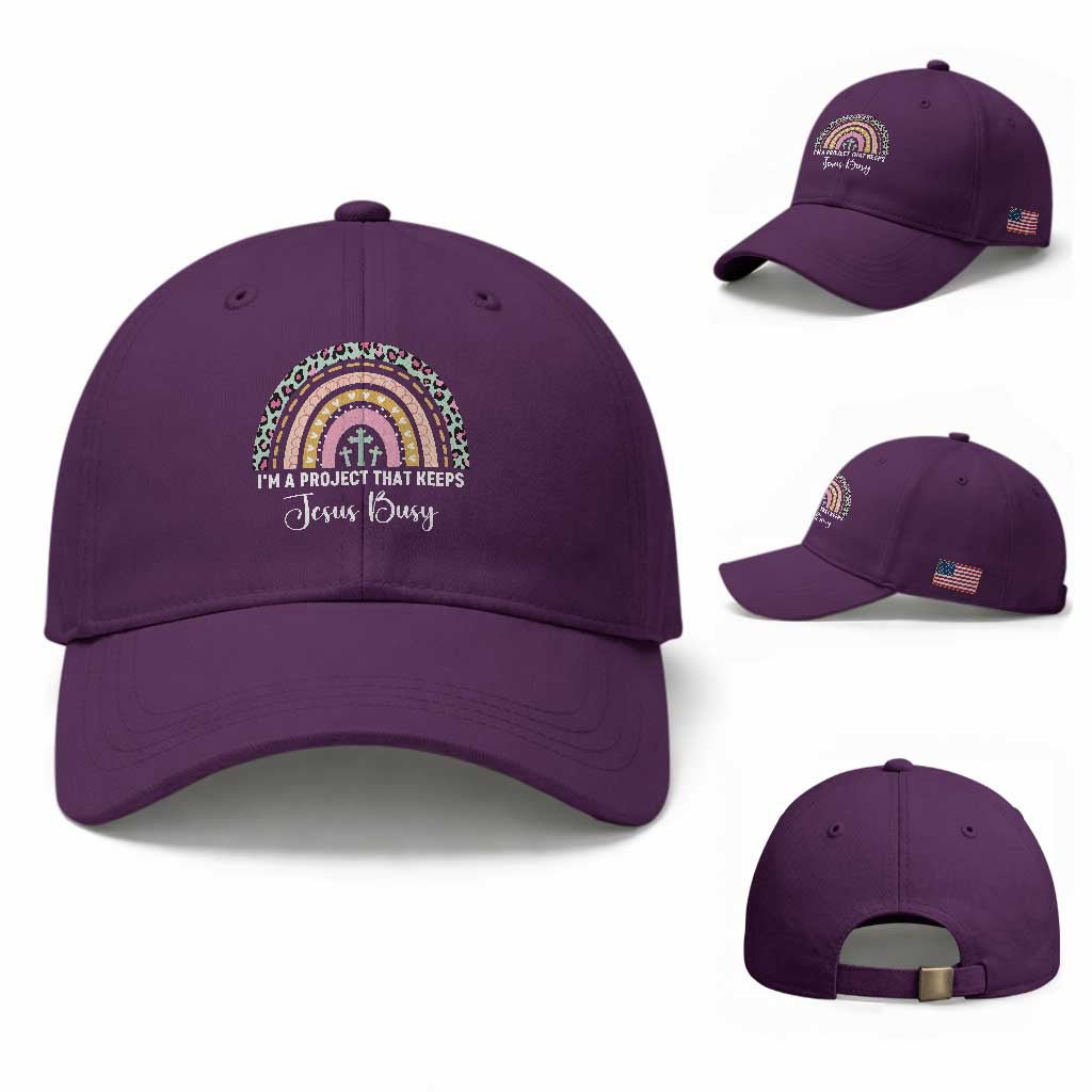 I am a Project That Keeps Jesus Busy Rainbow Cross Baseball Cap Cute Christian Faith Humor