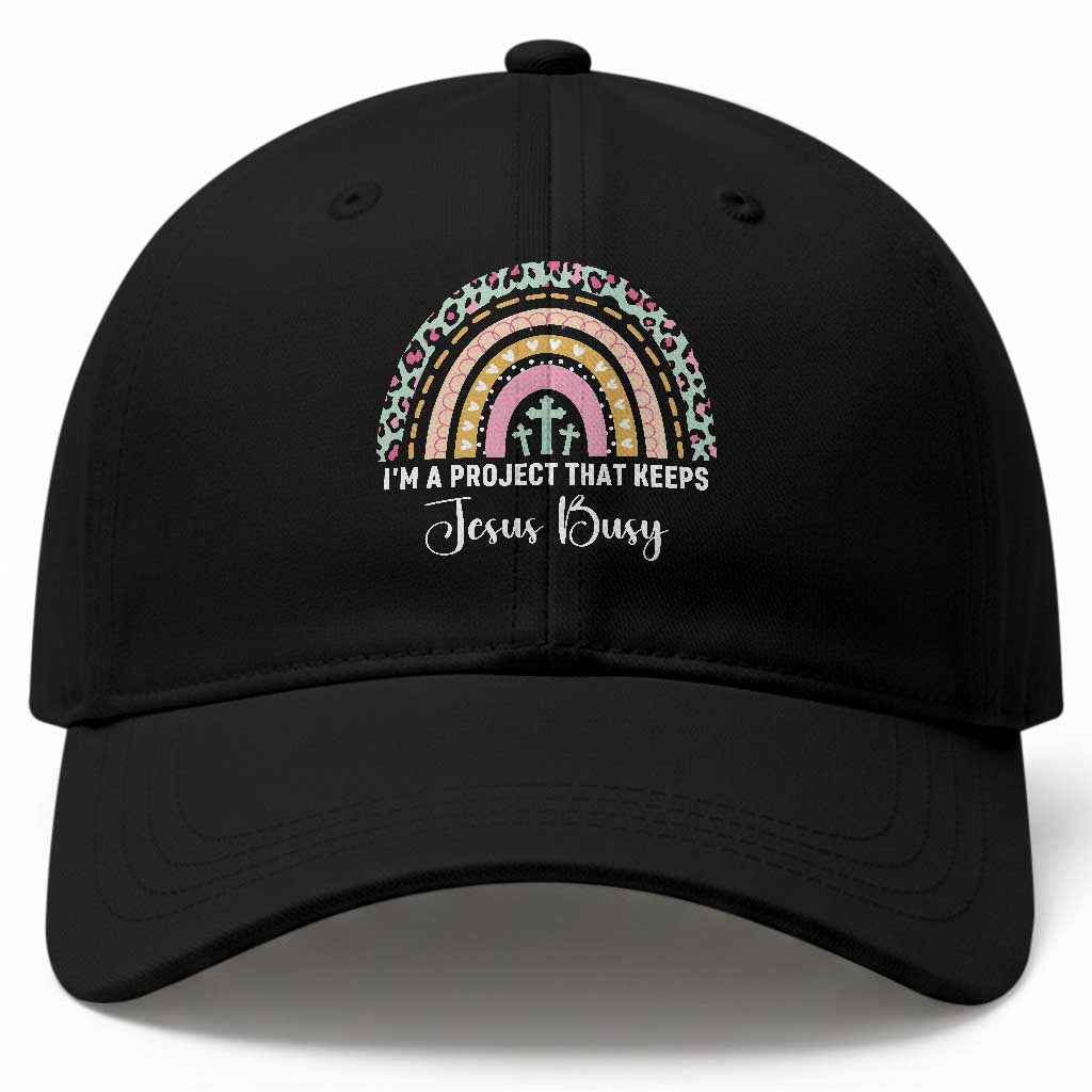 I am a Project That Keeps Jesus Busy Rainbow Cross Baseball Cap Cute Christian Faith Humor