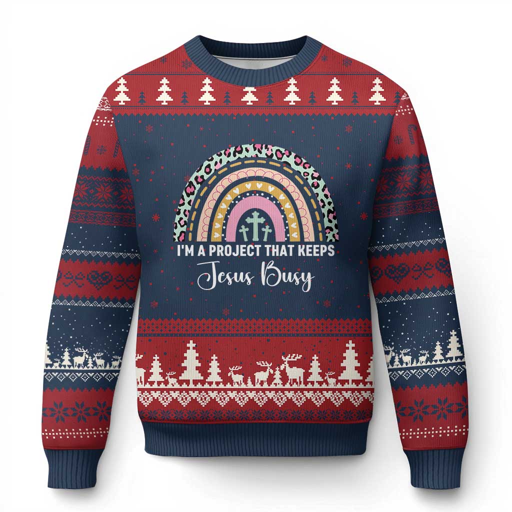 I am a Project That Keeps Jesus Busy Rainbow Cross Ugly Christmas Sweater Cute Christian Faith Humor TS02 Navy Red Print Your Wear