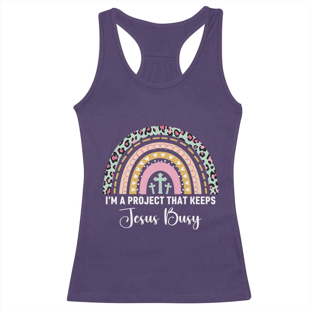I am a Project That Keeps Jesus Busy Rainbow Cross Racerback Tank Top Cute Christian Faith Humor TS02 Purple Print Your Wear