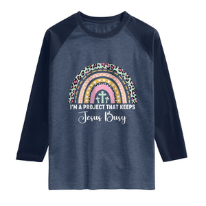 I am a Project That Keeps Jesus Busy Rainbow Cross Raglan Shirt Cute Christian Faith Humor TS02 Heather Denim Navy Print Your Wear