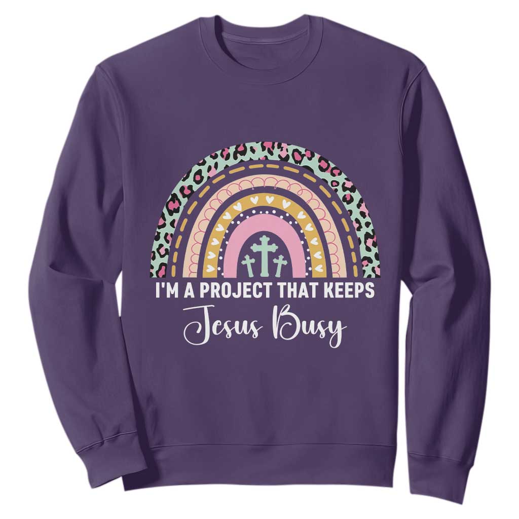 I am a Project That Keeps Jesus Busy Rainbow Cross Sweatshirt Cute Christian Faith Humor TS02 Purple Print Your Wear